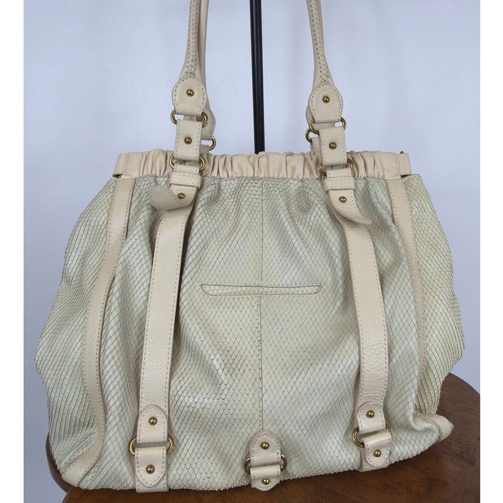 Vintage Lockhart Cream Leather Large Handbag Snakeskin Details Multi Pocket Bag - Picture 4 of 11